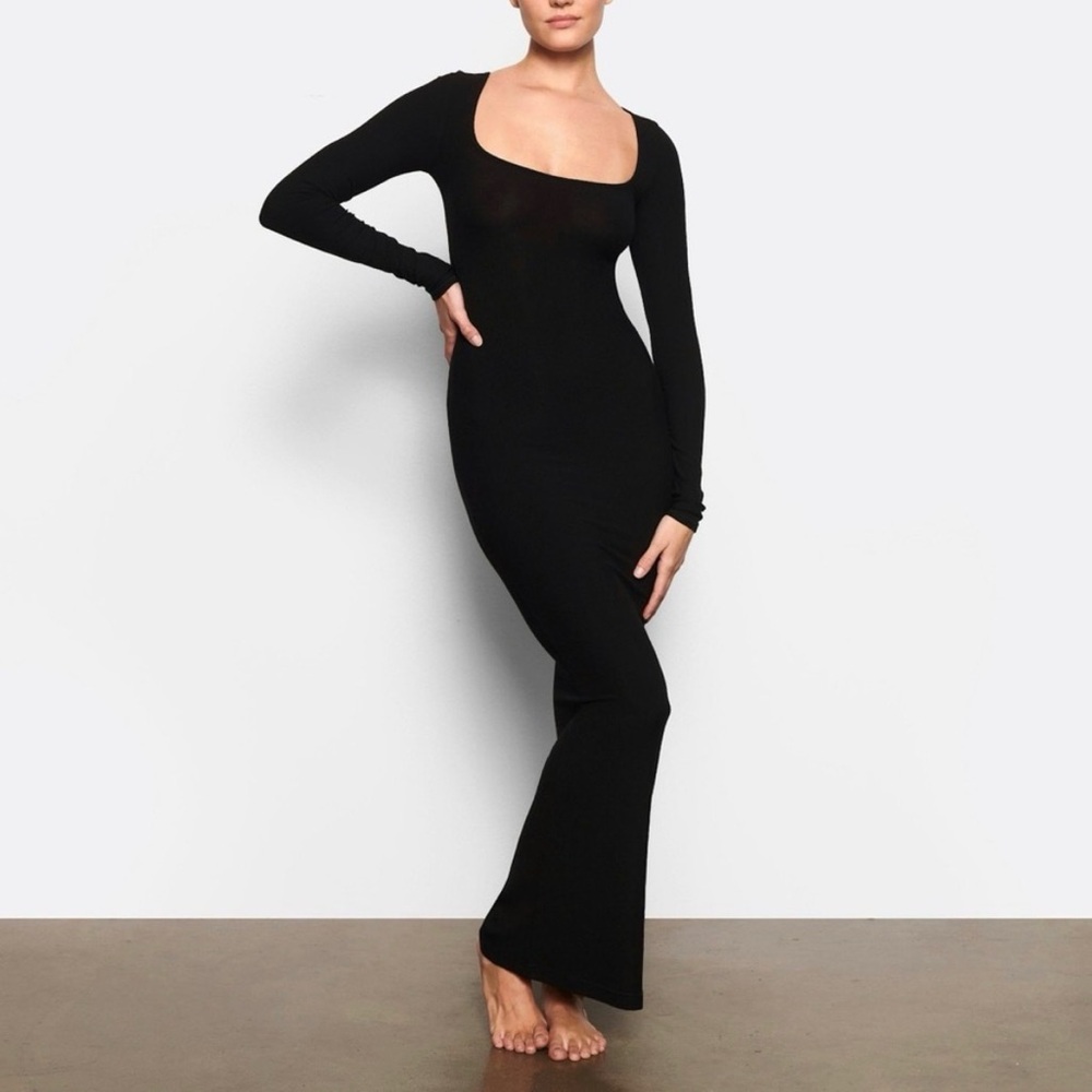 Skims Soft Lounge Ribbed Long Sleeve Dress Onyx Black - Size Small NEW